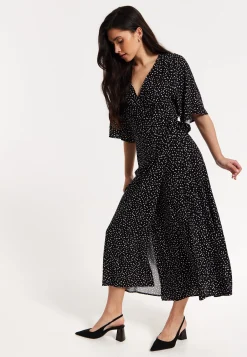 Black Polka Dot Kimono Wrap Maxi Dress