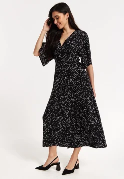 Black Polka Dot Kimono Wrap Maxi Dress
