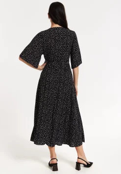 Black Polka Dot Kimono Wrap Maxi Dress