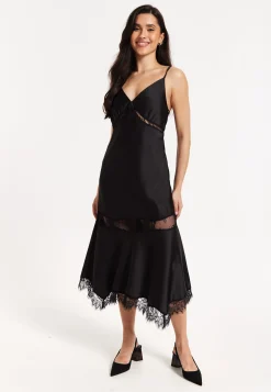Black Satin Lace Midi Slip Dress