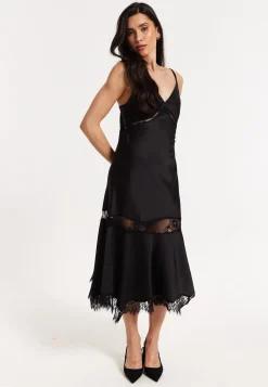Black Satin Lace Midi Slip Dress