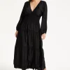 Black Shirred Waist Satin Maxi Dress