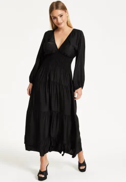 Black Shirred Waist Satin Maxi Dress