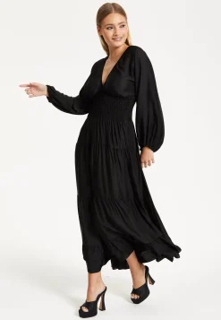 Black Shirred Waist Satin Maxi Dress