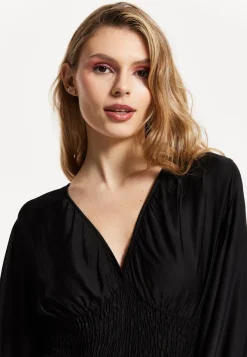 Black Shirred Waist Satin Maxi Dress