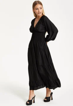 Black Shirred Waist Satin Maxi Dress