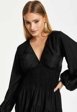 Black Shirred Waist Satin Maxi Dress