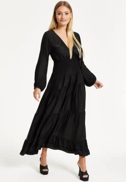 Black Shirred Waist Satin Maxi Dress
