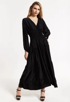 Black Shirred Waist Satin Maxi Dress