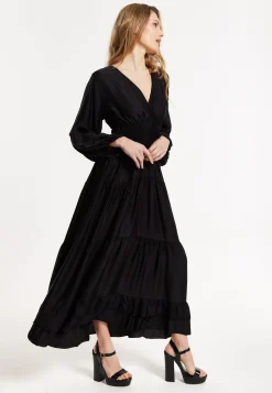 Black Shirred Waist Satin Maxi Dress