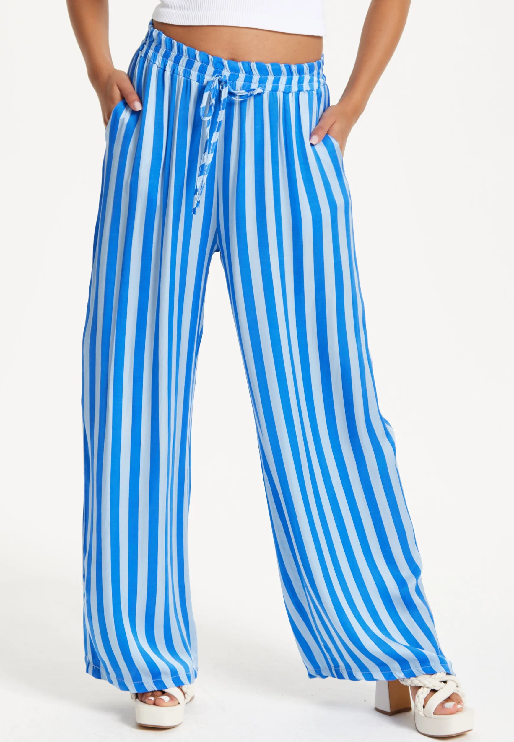 Blue and White Striped Wide Leg Trousers