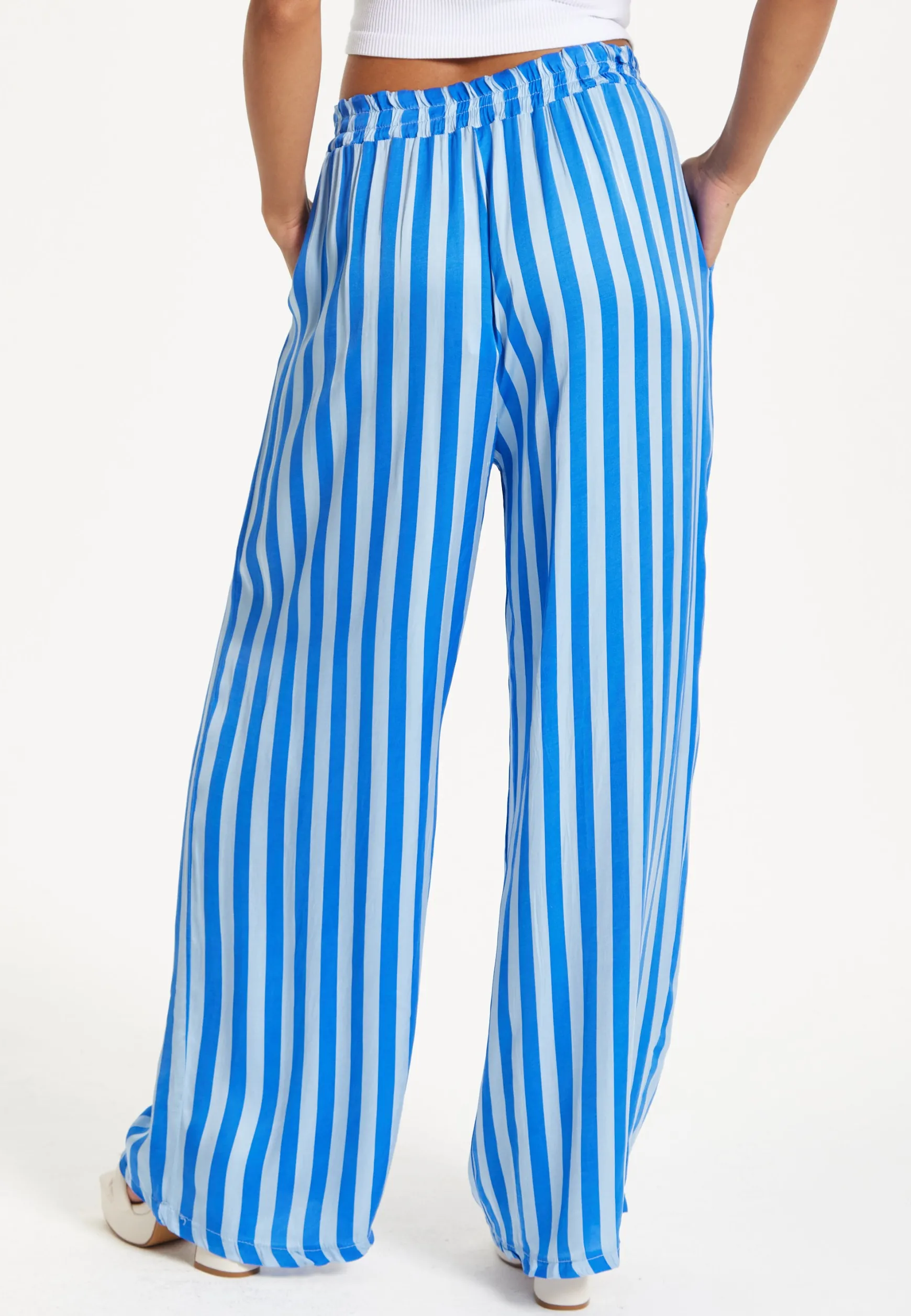 Blue and White Striped Wide Leg Trousers