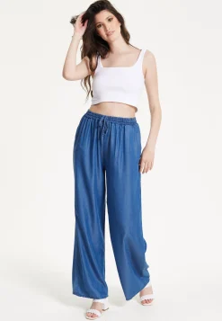 Blue Drawstring Wide Leg Trousers