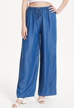 Blue Drawstring Wide Leg Trousers