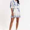 Blue Embroidered Belted White Mini Dress