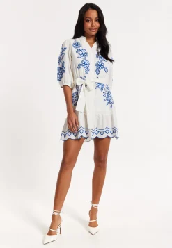 Blue Embroidered Belted White Mini Dress