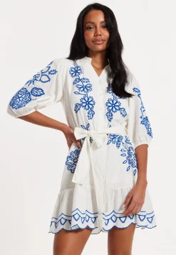 Blue Embroidered Belted White Mini Dress