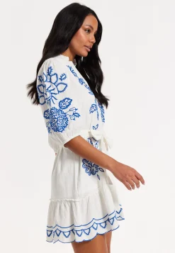 Blue Embroidered Belted White Mini Dress