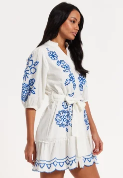 Blue Embroidered Belted White Mini Dress