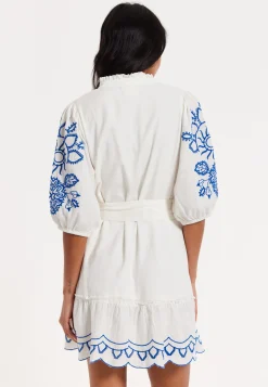 Blue Embroidered Belted White Mini Dress