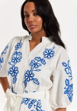Blue Embroidered Belted White Mini Dress