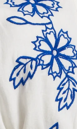 Blue Embroidered Belted White Mini Dress