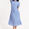 Blue Embroidered Shirt Midi Dress