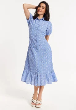 Blue Embroidered Shirt Midi Dress