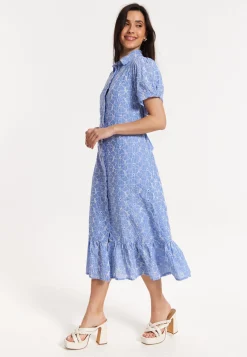 Blue Embroidered Shirt Midi Dress
