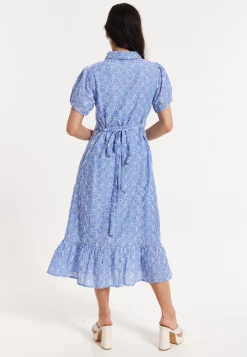 Blue Embroidered Shirt Midi Dress