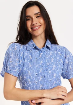Blue Embroidered Shirt Midi Dress