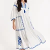 Blue Embroidered White Maxi Dress