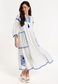 Blue Embroidered White Maxi Dress