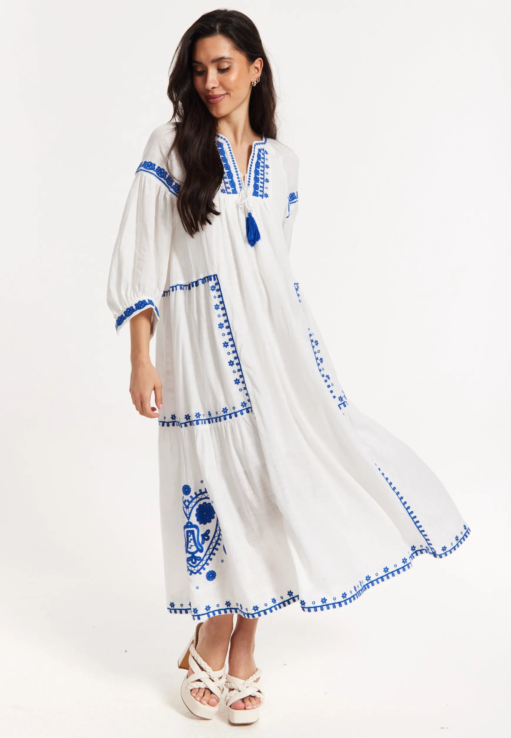 Blue Embroidered White Maxi Dress