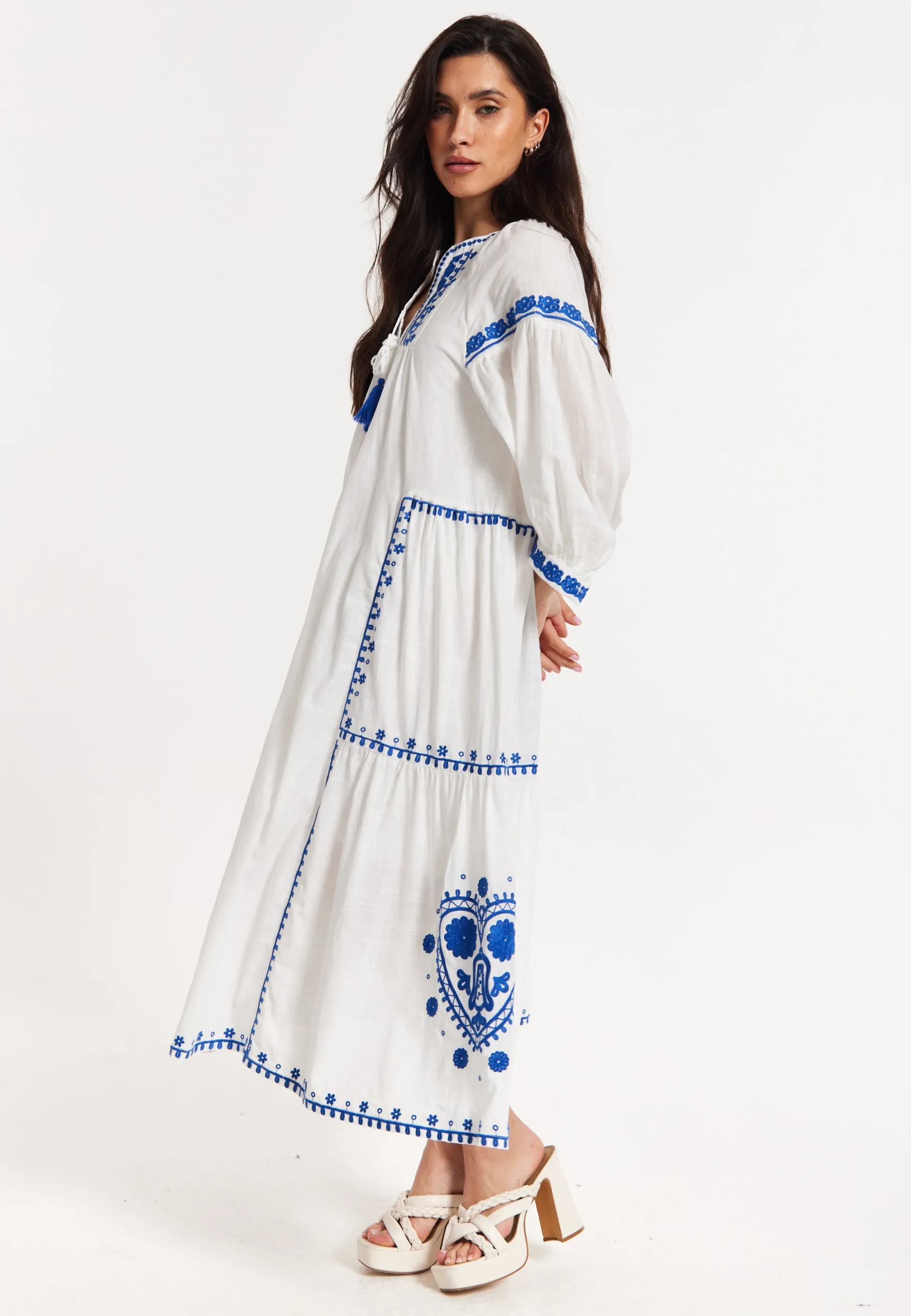 Blue Embroidered White Maxi Dress
