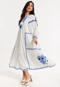 Blue Embroidered White Maxi Dress
