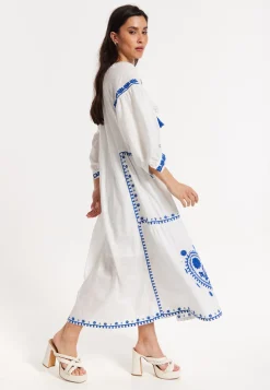 Blue Embroidered White Maxi Dress