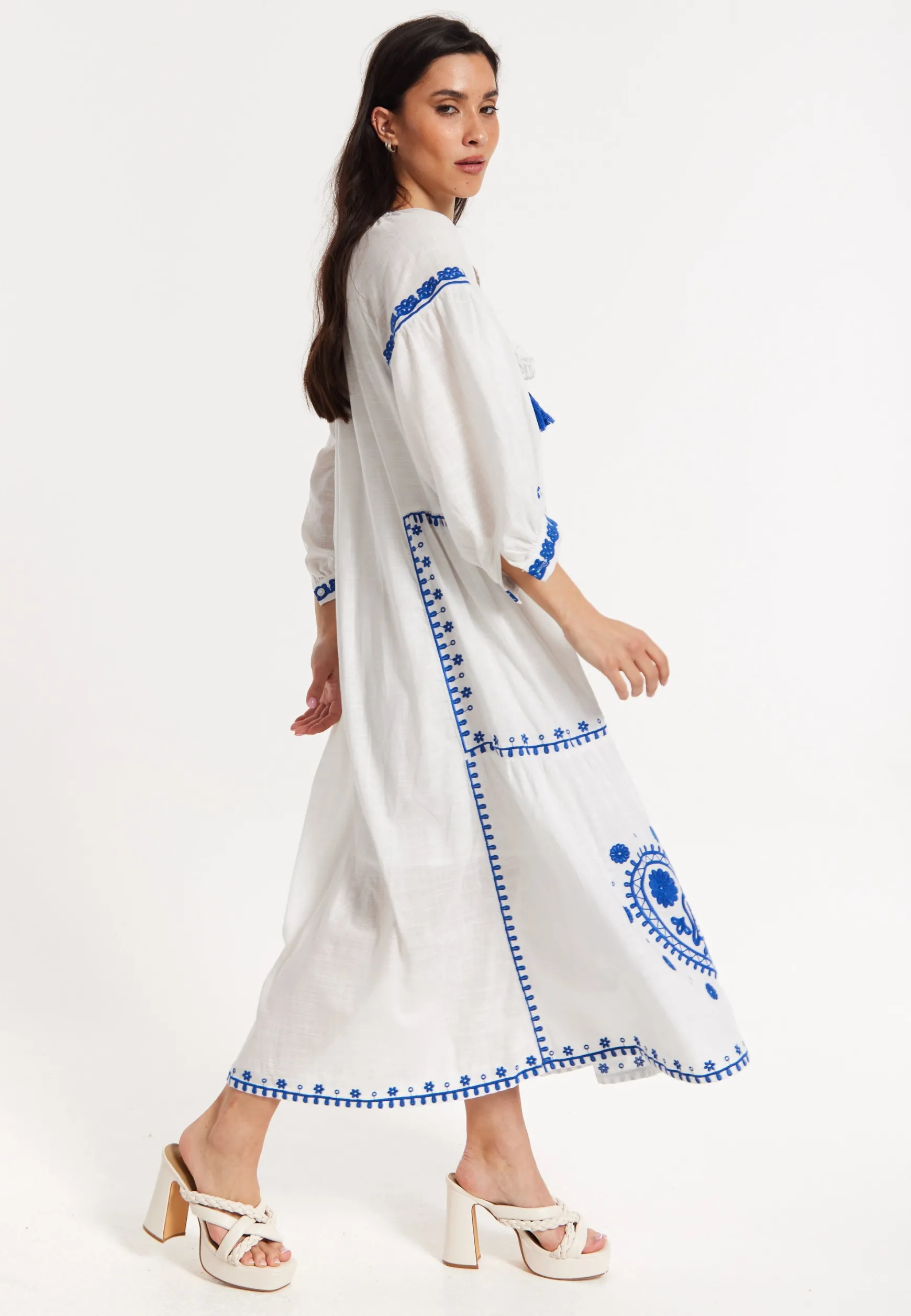Blue Embroidered White Maxi Dress