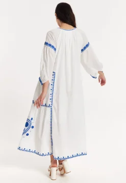 Blue Embroidered White Maxi Dress