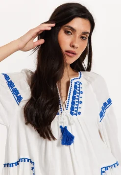 Blue Embroidered White Maxi Dress