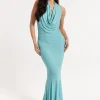 Blue Lurex Draped Halter Neck Maxi Dress