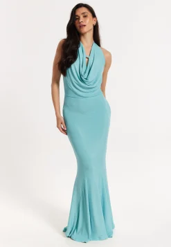 Blue Lurex Draped Halter Neck Maxi Dress