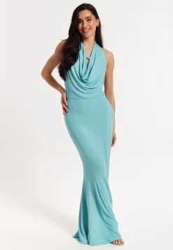 Blue Lurex Draped Halter Neck Maxi Dress