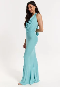 Blue Lurex Draped Halter Neck Maxi Dress