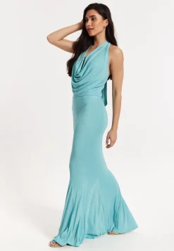 Blue Lurex Draped Halter Neck Maxi Dress
