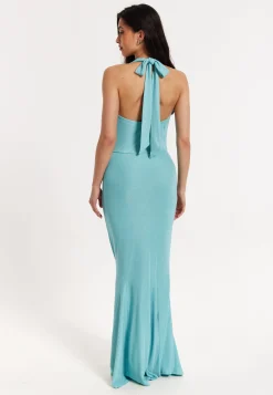 Blue Lurex Draped Halter Neck Maxi Dress