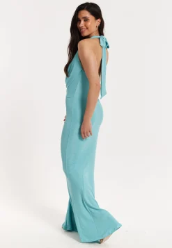Blue Lurex Draped Halter Neck Maxi Dress