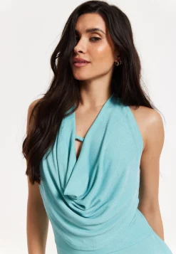 Blue Lurex Draped Halter Neck Maxi Dress