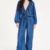 Blue Ruffle Front Wide Leg Jumpsuit