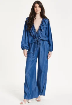 Blue Ruffle Front Wide Leg Jumpsuit